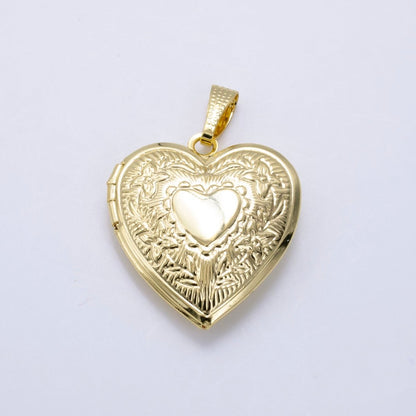 14K Gold Filled Engraved Flower Leaf Sunburst Heart Locket Pendant in Gold &amp; Silver | H049
