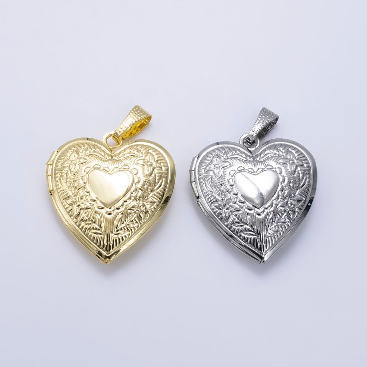 14K Gold Filled Engraved Flower Leaf Sunburst Heart Locket Pendant in Gold &amp; Silver | H049