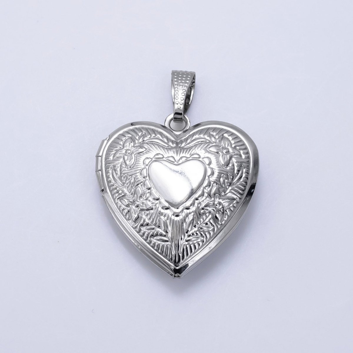 14K Gold Filled Engraved Flower Leaf Sunburst Heart Locket Pendant in Gold &amp; Silver | H049