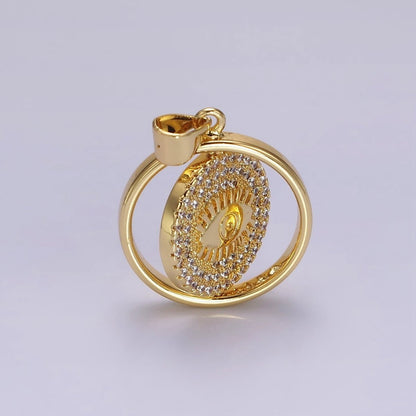 14K Gold Filled Evil Eye Clear Micro Paved CZ Double Sided Spinning Round Pendant | N1288