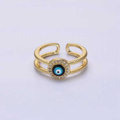14K Gold Filled Evil Eye Enamel Round Micro Paved CZ Line-Textured Double Band Ring | O-597