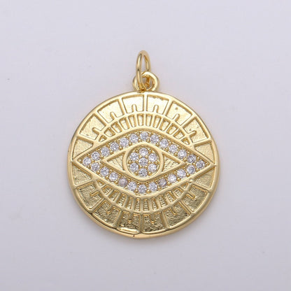 14k Gold Filled Evil Eye Pendant, Micro Pave gold disc Medallion Greek Eye Charm for strength and protection Jewelry Component D-344