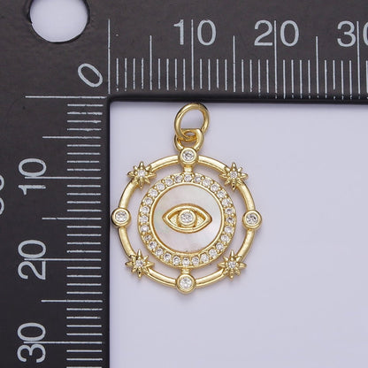 14K Gold Filled Evil Eye Shell Pearl Micro Paved CZ Celestial Star Dotted Round Charm | AC1437