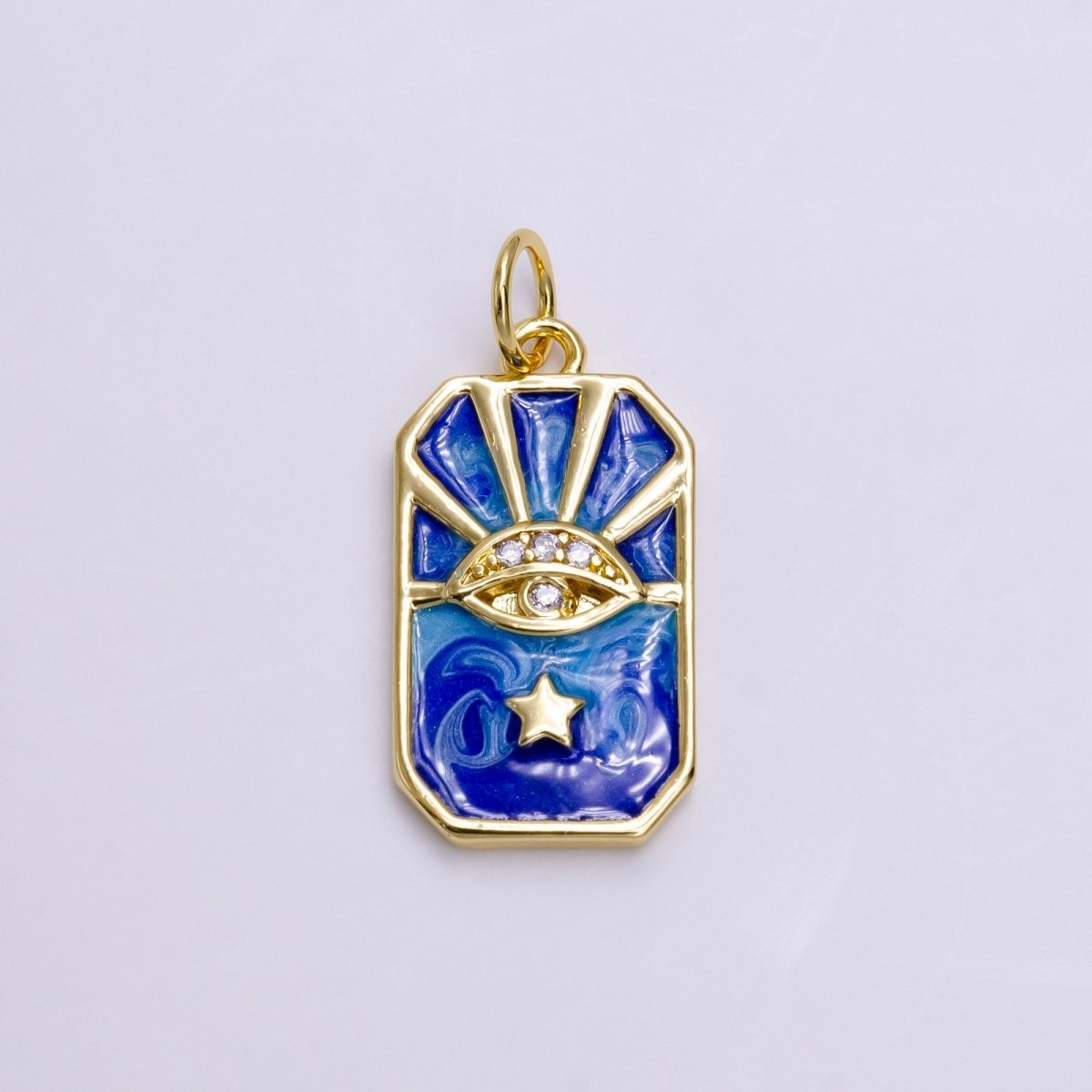 14K Gold Filled Evil Eye Star Bar Ray Blue Swirl Enamel Tag Charm | AC1456