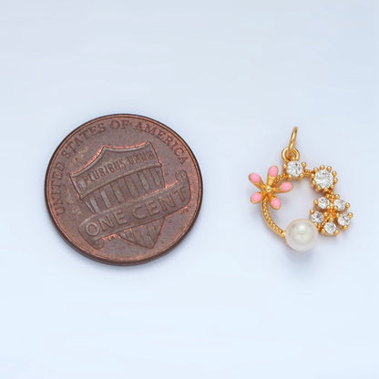 14K Gold Filled Flower CZ Enamel Pearl Open Round Charm | AG879