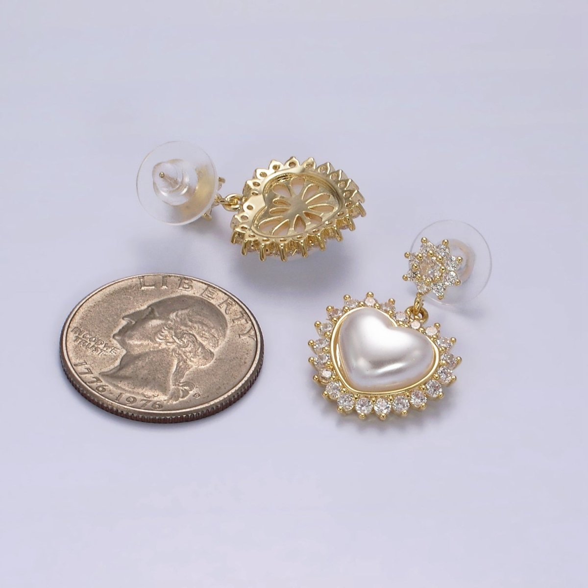 14K Gold Filled Flower CZ Heart Shell Pearl Drop Stud Earrings in Gold &amp; Silver | AE317 AE318