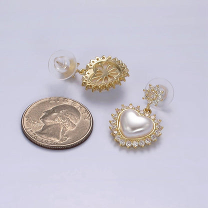 14K Gold Filled Flower CZ Heart Shell Pearl Drop Stud Earrings in Gold &amp; Silver | AE317 AE318