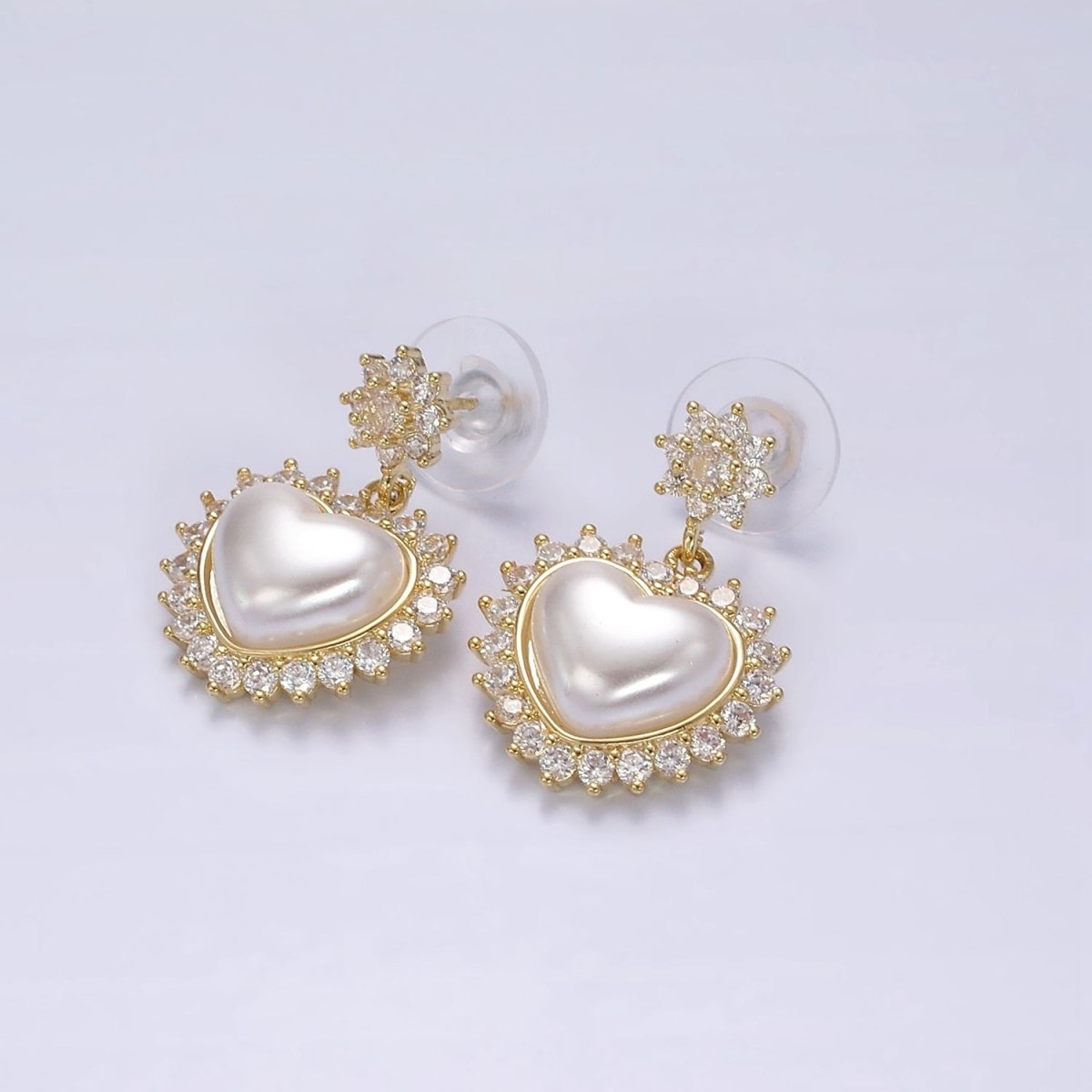 14K Gold Filled Flower CZ Heart Shell Pearl Drop Stud Earrings in Gold &amp; Silver | AE317 AE318