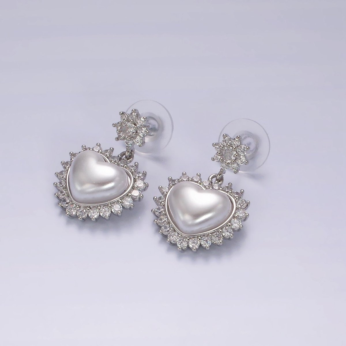 14K Gold Filled Flower CZ Heart Shell Pearl Drop Stud Earrings in Gold &amp; Silver | AE317 AE318