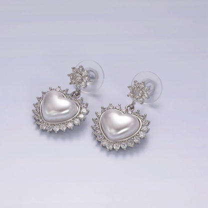 14K Gold Filled Flower CZ Heart Shell Pearl Drop Stud Earrings in Gold &amp; Silver | AE317 AE318