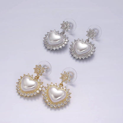 14K Gold Filled Flower CZ Heart Shell Pearl Drop Stud Earrings in Gold &amp; Silver | AE317 AE318