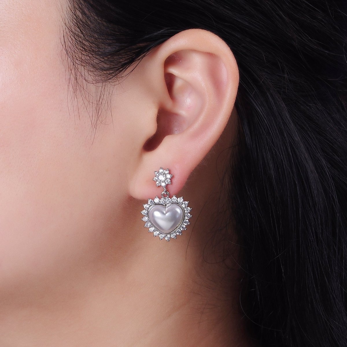 14K Gold Filled Flower CZ Heart Shell Pearl Drop Stud Earrings in Gold &amp; Silver | AE317 AE318