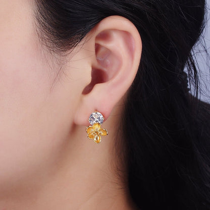 14K Gold Filled Flower Drop Clear CZ Round Stud Earrings Set | AE970