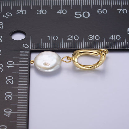 14K Gold Filled Freshwater Pearl Drop Dented Open Oblong English Lock Earrings | AE672