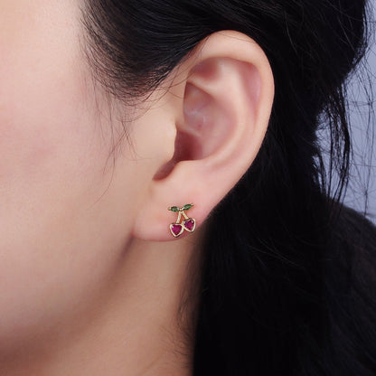 14K Gold Filled Fuchsia CZ Heart Cherry Fruit Stud Earrings | AE971