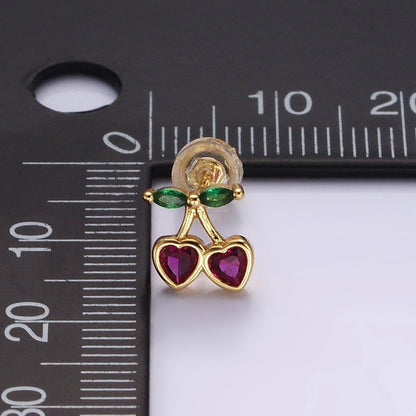 14K Gold Filled Fuchsia CZ Heart Cherry Fruit Stud Earrings | AE971