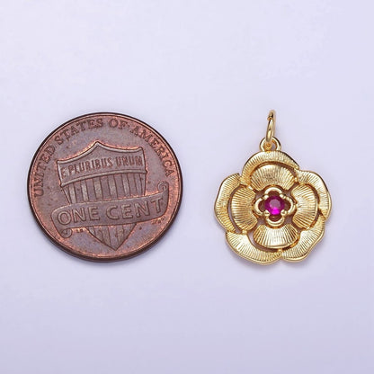 14K Gold Filled Fuchsia CZ Line-Textured Petal Flower Charm | W774