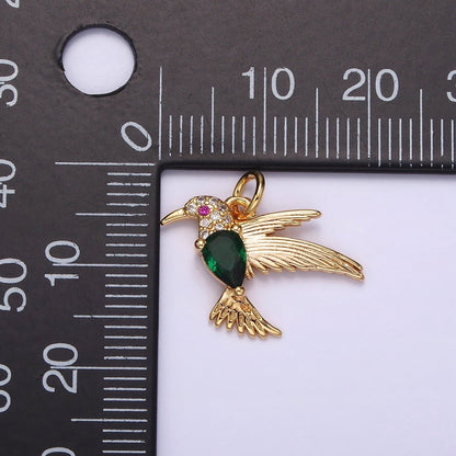 14K Gold Filled Fuchsia-Eyed Clear, Green Teardrop Micro Paved CZ Bird Charm | AG357 AG358