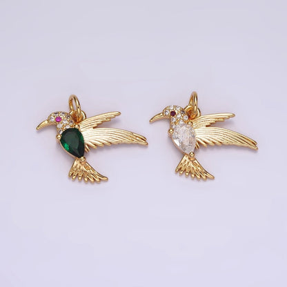 14K Gold Filled Fuchsia-Eyed Clear, Green Teardrop Micro Paved CZ Bird Charm | AG357 AG358