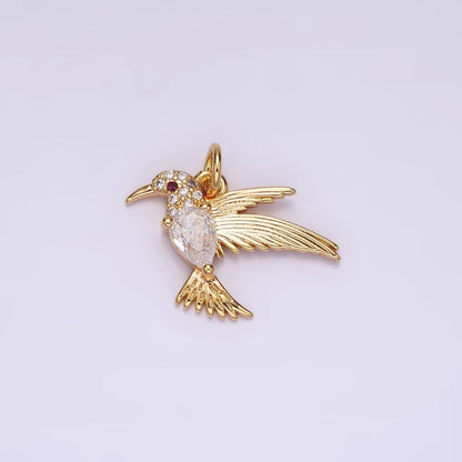 14K Gold Filled Fuchsia-Eyed Clear, Green Teardrop Micro Paved CZ Bird Charm | AG357 AG358