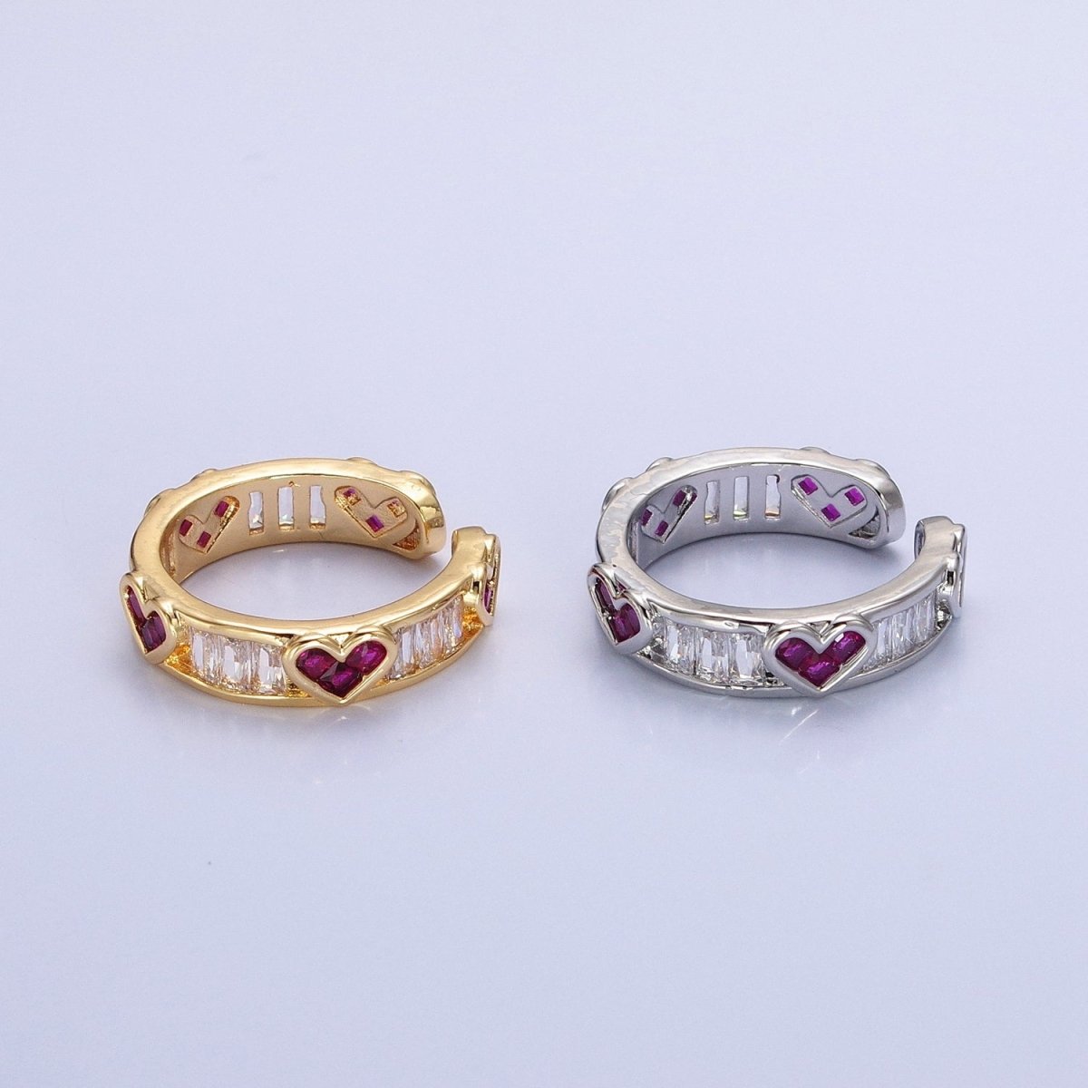 14K Gold Filled Fuchsia Heart Baguette Lined Ring in Gold &amp; Silver | O1835 O1836