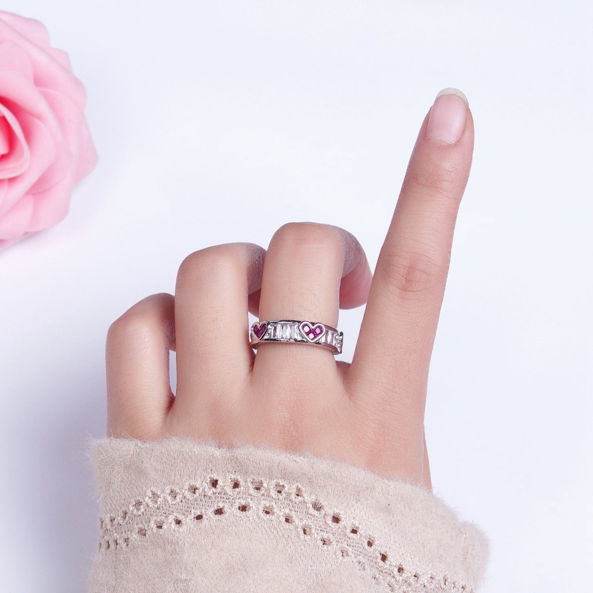 14K Gold Filled Fuchsia Heart Baguette Lined Ring in Gold &amp; Silver | O1835 O1836