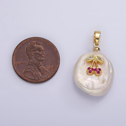 14K Gold Filled Fuchsia Micro Paved CZ Cherry Freshwater Pearl Pendant | P-1668