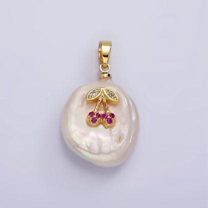 14K Gold Filled Fuchsia Micro Paved CZ Cherry Freshwater Pearl Pendant | P-1668