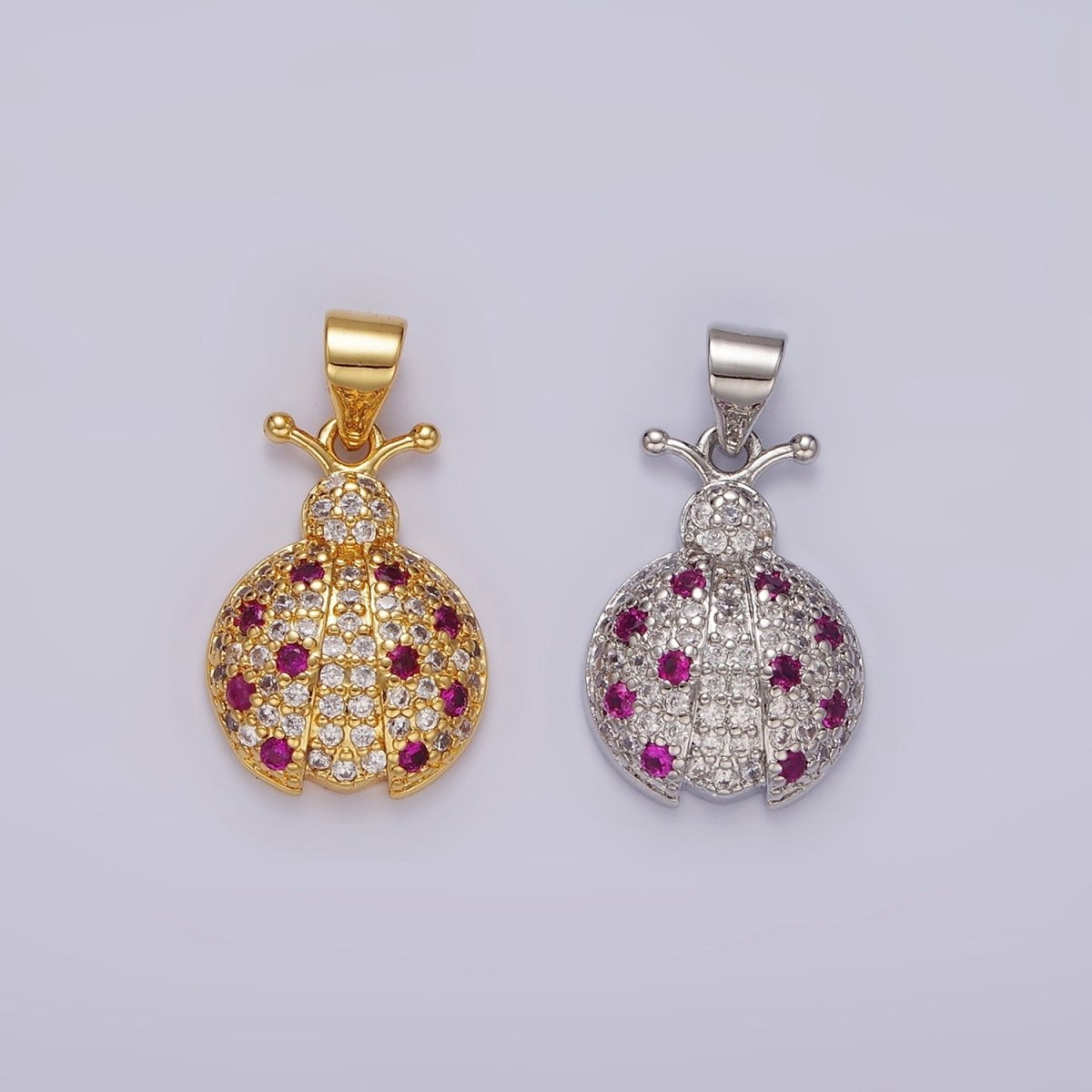 14K Gold Filled Fuchsia Micro Paved CZ Ladybug Insect Animal Pendant in Gold &amp; Silver | N1975 N1976