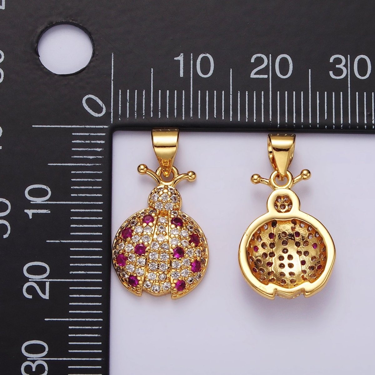 14K Gold Filled Fuchsia Micro Paved CZ Ladybug Insect Animal Pendant in Gold &amp; Silver | N1975 N1976