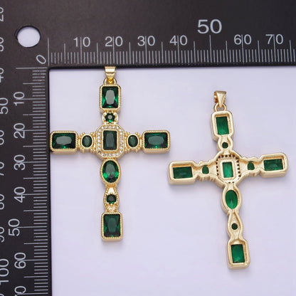 14K Gold Filled Green Baguette CZ Micro Paved Geometric Cross Pendant | H380