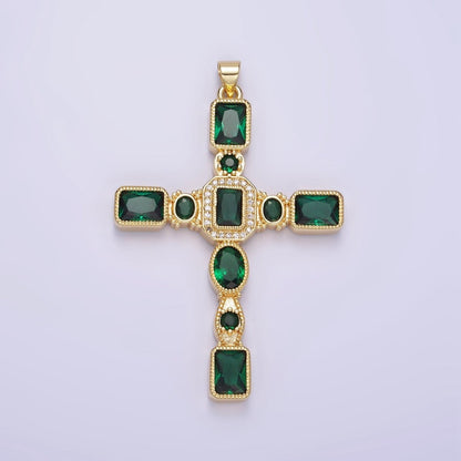14K Gold Filled Green Baguette CZ Micro Paved Geometric Cross Pendant | H380