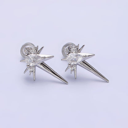 14K Gold Filled Green, Clear Teardrop CZ Spiked Celestial Star Stud Earrings in Gold &amp; Silver | AE648 - AE651