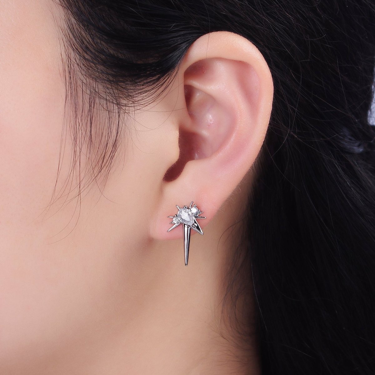 14K Gold Filled Green, Clear Teardrop CZ Spiked Celestial Star Stud Earrings in Gold &amp; Silver | AE648 - AE651