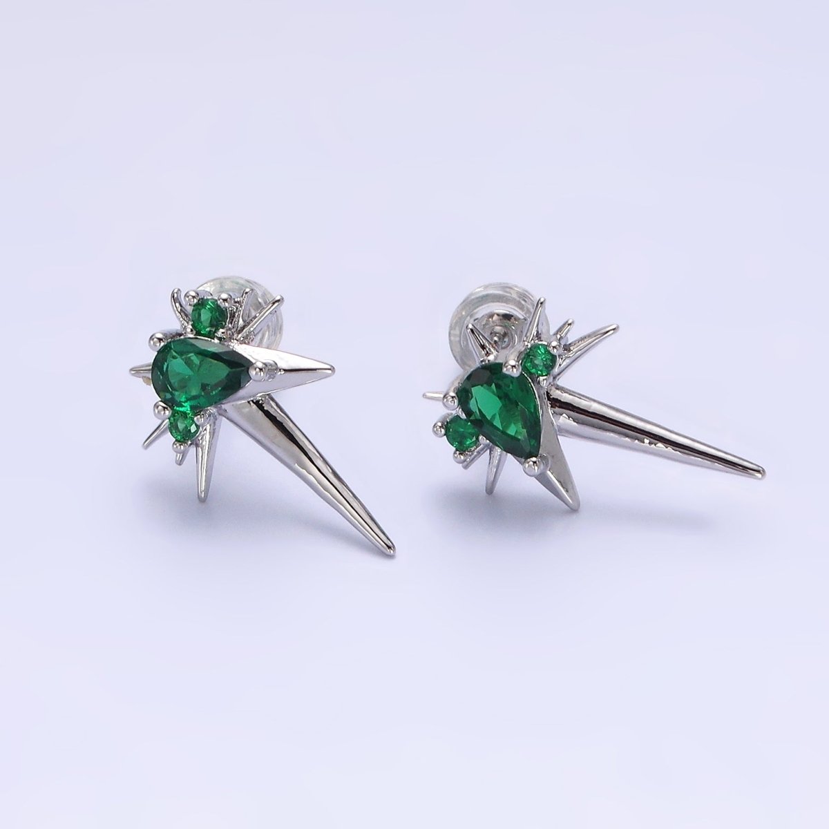 14K Gold Filled Green, Clear Teardrop CZ Spiked Celestial Star Stud Earrings in Gold &amp; Silver | AE648 - AE651
