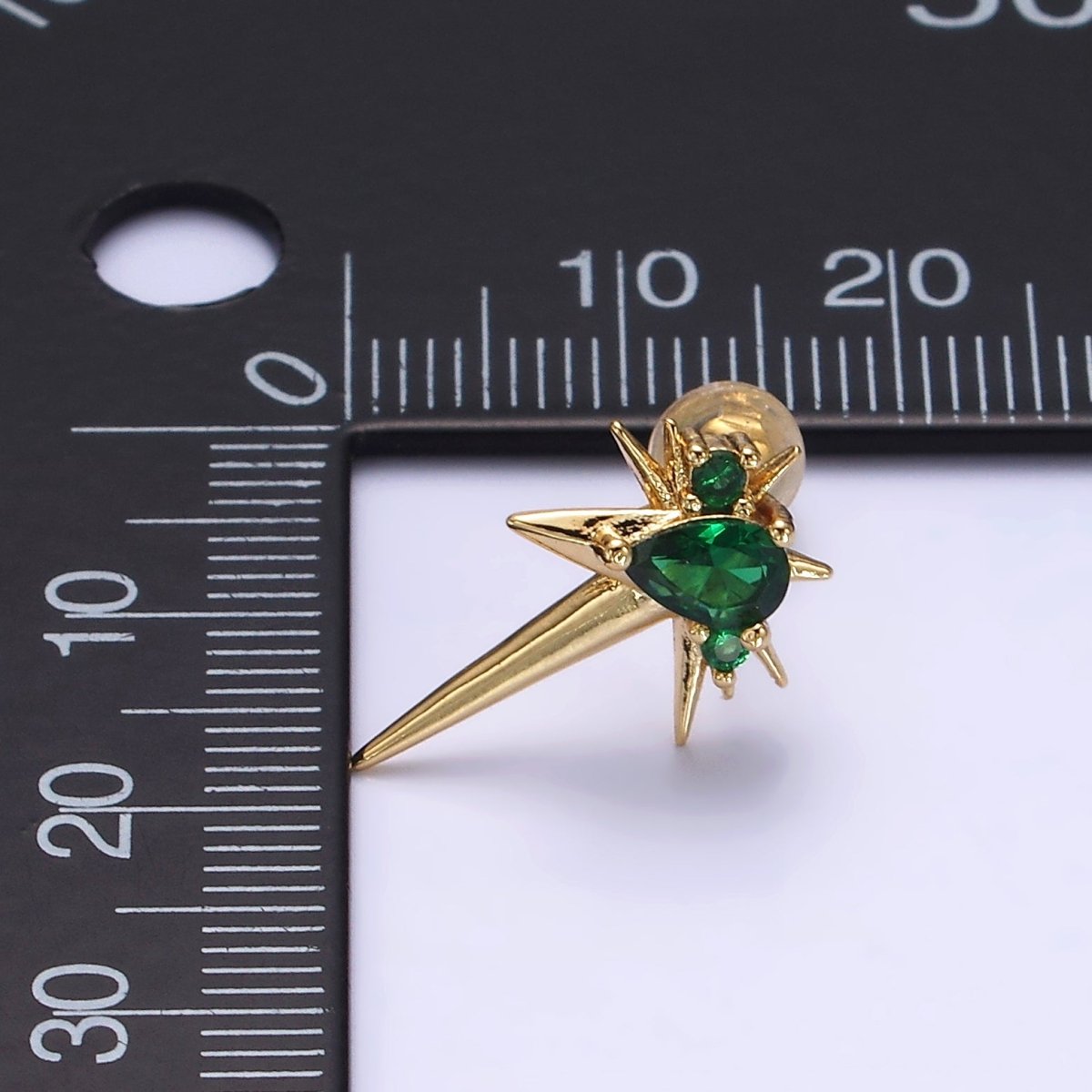 14K Gold Filled Green, Clear Teardrop CZ Spiked Celestial Star Stud Earrings in Gold &amp; Silver | AE648 - AE651