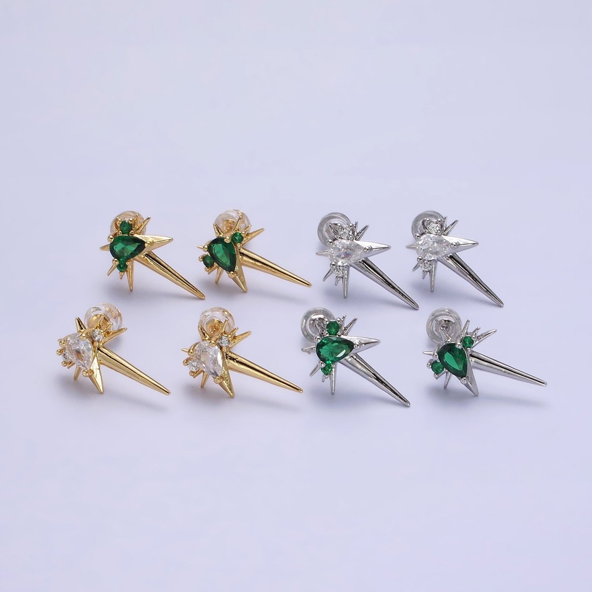 14K Gold Filled Green, Clear Teardrop CZ Spiked Celestial Star Stud Earrings in Gold &amp; Silver | AE648 - AE651