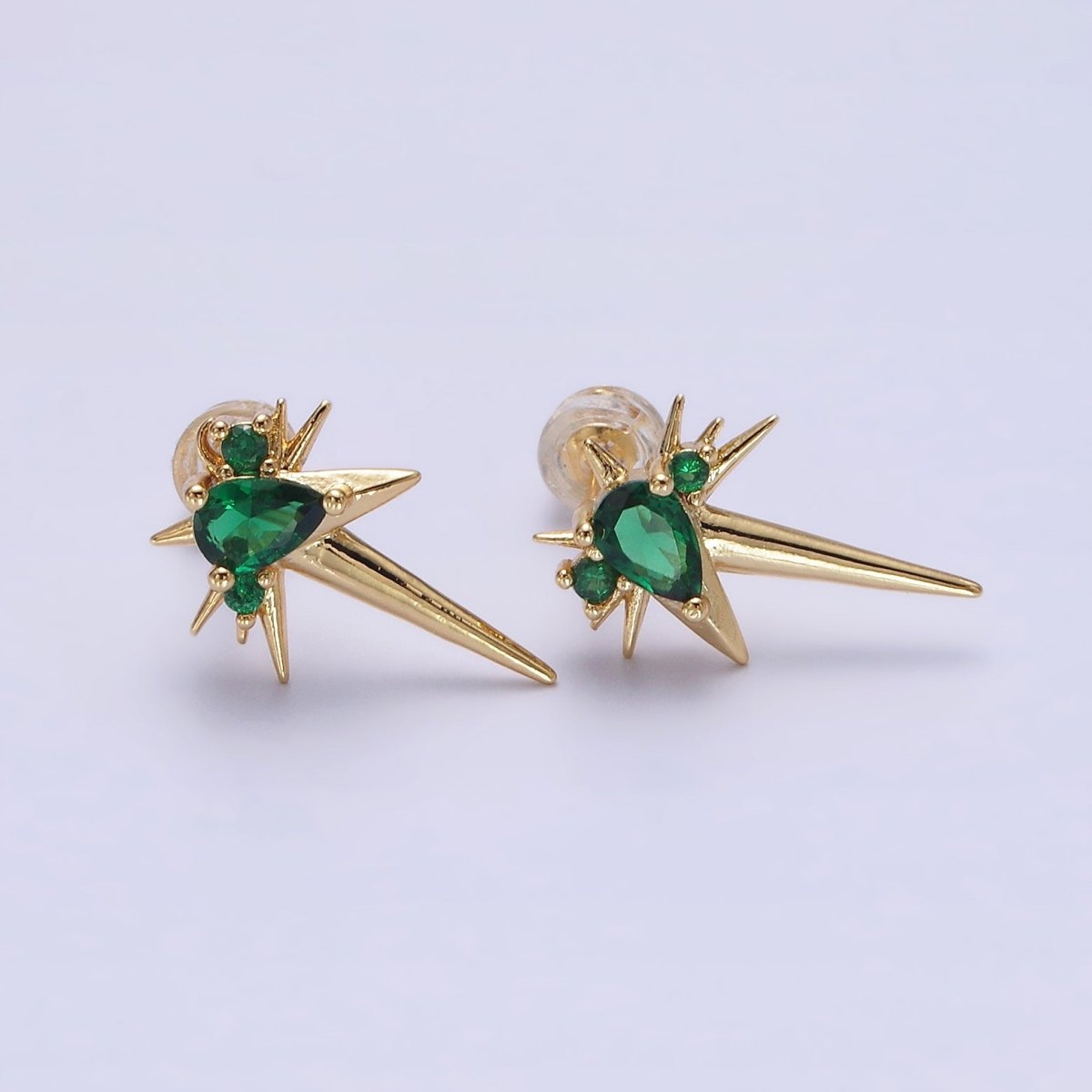14K Gold Filled Green, Clear Teardrop CZ Spiked Celestial Star Stud Earrings in Gold &amp; Silver | AE648 - AE651