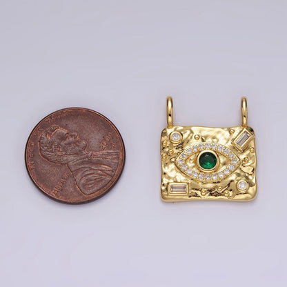14K Gold Filled Green CZ Evil Eye Micro Paved Baguette Hammered Rectangular Connector | G180