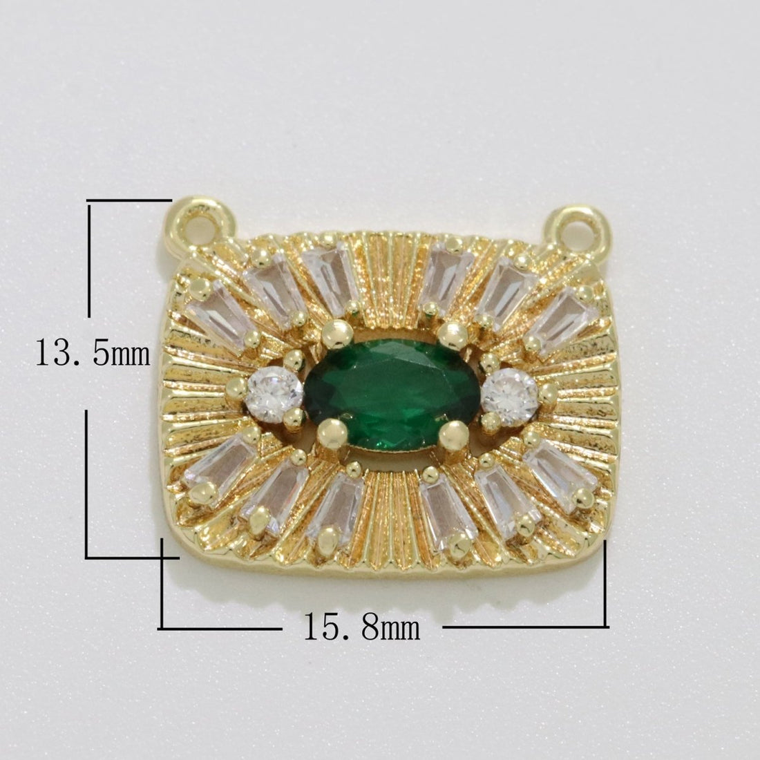 14K Gold Filled 13.5mm Green CZ Evil Eye Marquise Baguette Sunburst Rectangular Connector | Y374