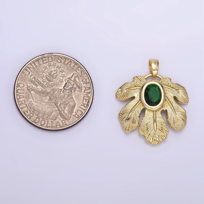 14K Gold Filled Green CZ Line-Textured Palm Leaf Nature Pendant | AH149