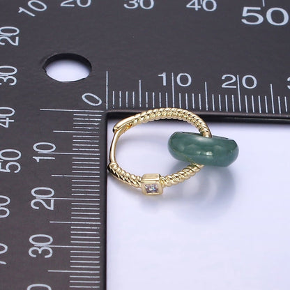 14K Gold Filled Green Jade Donut Drop CZ Croissant Huggie Hoop Earrings | AE517