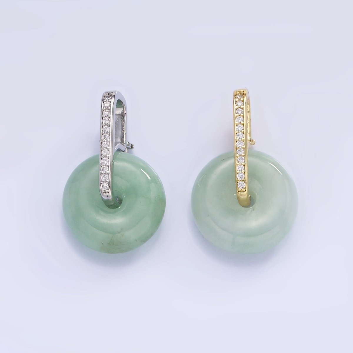 14K Gold Filled Green Jade Gemstone Donut Micro Paved CZ Linear Bail Pendant in Gold &amp; Silver | AH159