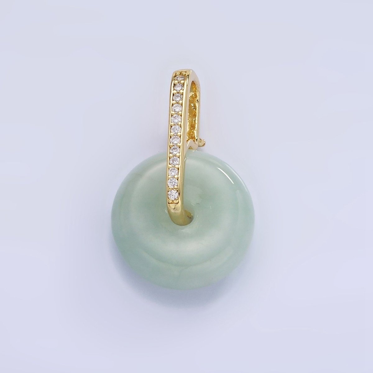 14K Gold Filled Green Jade Gemstone Donut Micro Paved CZ Linear Bail Pendant in Gold &amp; Silver | AH159