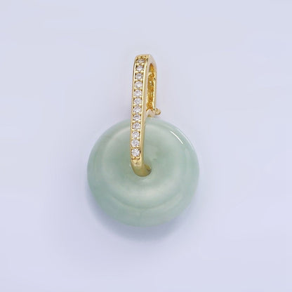14K Gold Filled Green Jade Gemstone Donut Micro Paved CZ Linear Bail Pendant in Gold &amp; Silver | AH159