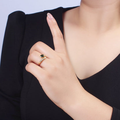 14K Gold Filled Green Oval CZ Clear Micro Paved Band Open Ring | O-569
