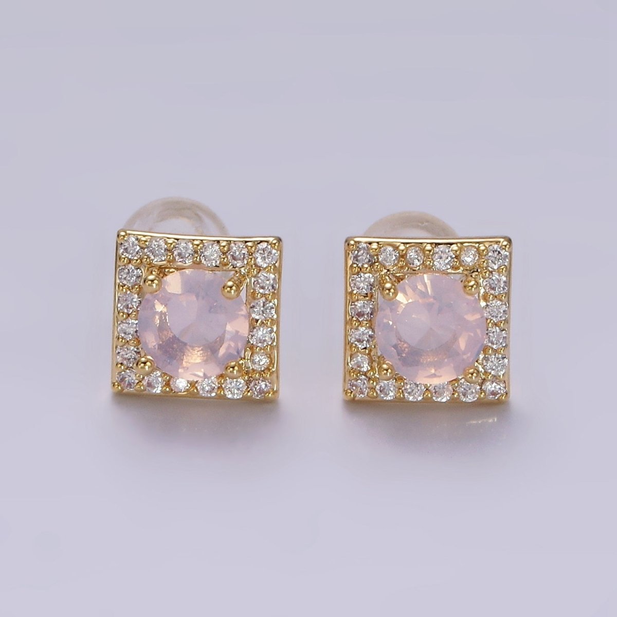 14K Gold Filled Green, Pink, Clear, Blue, Green CZ Micro Paved Square Stud Earrings in Gold &amp; Silver | V320