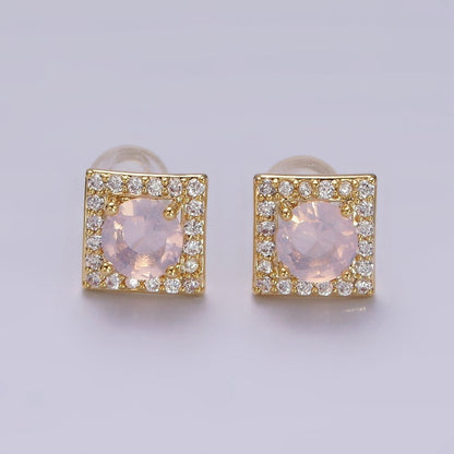14K Gold Filled Green, Pink, Clear, Blue, Green CZ Micro Paved Square Stud Earrings in Gold &amp; Silver | V320