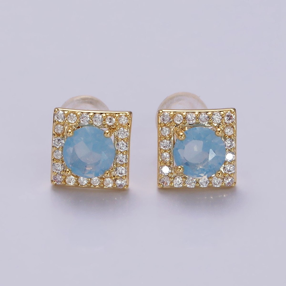 14K Gold Filled Green, Pink, Clear, Blue, Green CZ Micro Paved Square Stud Earrings in Gold &amp; Silver | V320