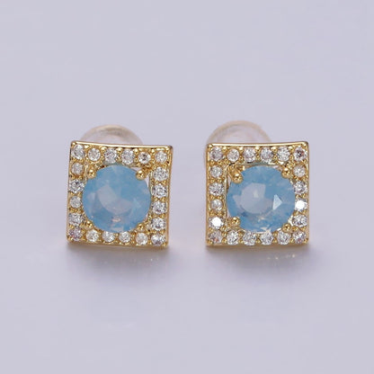 14K Gold Filled Green, Pink, Clear, Blue, Green CZ Micro Paved Square Stud Earrings in Gold &amp; Silver | V320